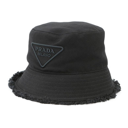 Prada Bucket Hat Fringe Triangle Logo Cotton S Black