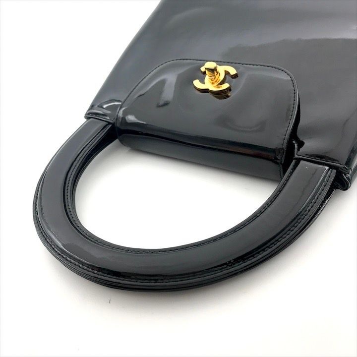 Chanel CC Logo Turnlock Patent Hand Bag Black Bag