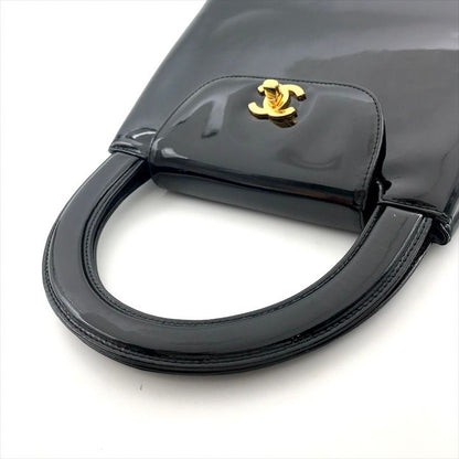 Chanel CC Logo Turnlock Patent Hand Bag Black Bag