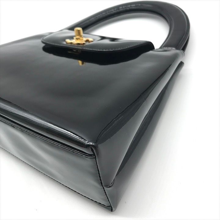 Chanel CC Logo Turnlock Patent Hand Bag Black Bag