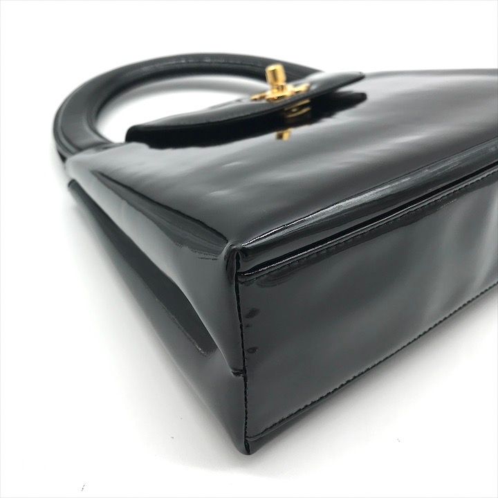 Chanel CC Logo Turnlock Patent Hand Bag Black Bag
