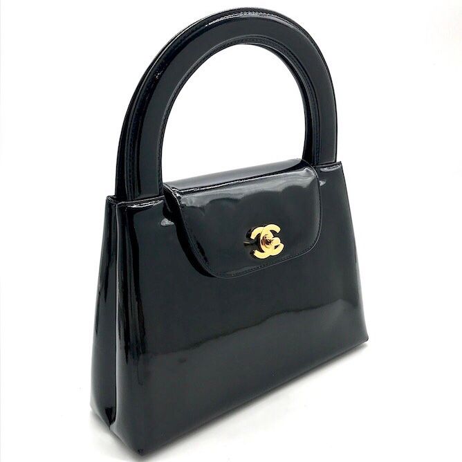 Chanel CC Logo Turnlock Patent Hand Bag Black Bag