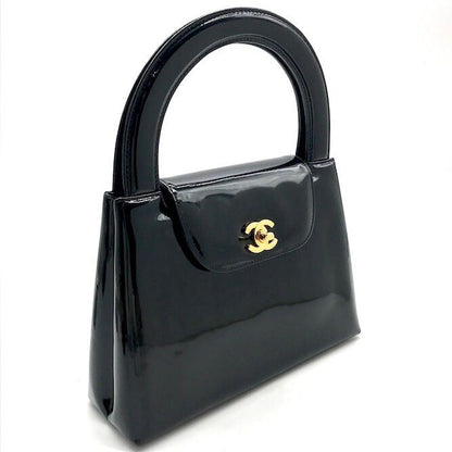 Chanel CC Logo Turnlock Patent Hand Bag Black Bag