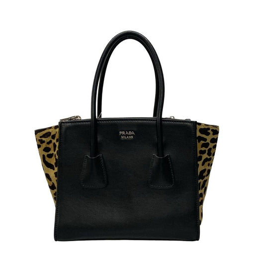 Prada Tote Bag - 1bg625 Black And Beige Leopard Pattern Leather