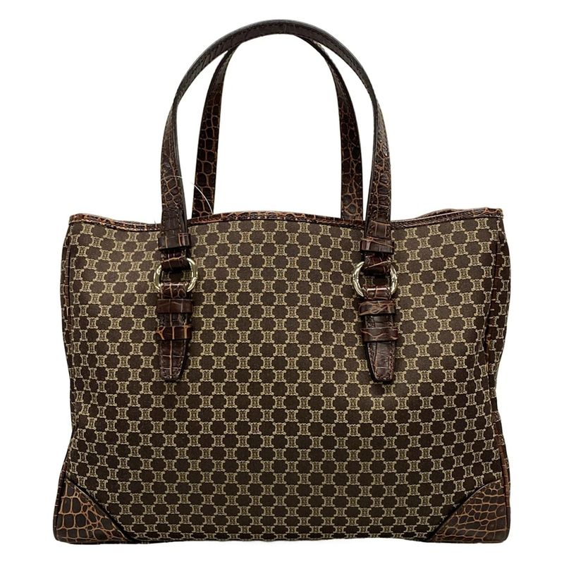 Celine Tote Bag Macadam Pattern Dark Brown And Beige Shape Stamped Leather