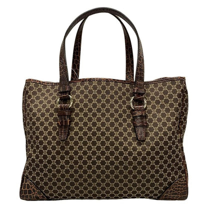 Celine Tote Bag Macadam Pattern Dark Brown And Beige Shape Stamped Leather