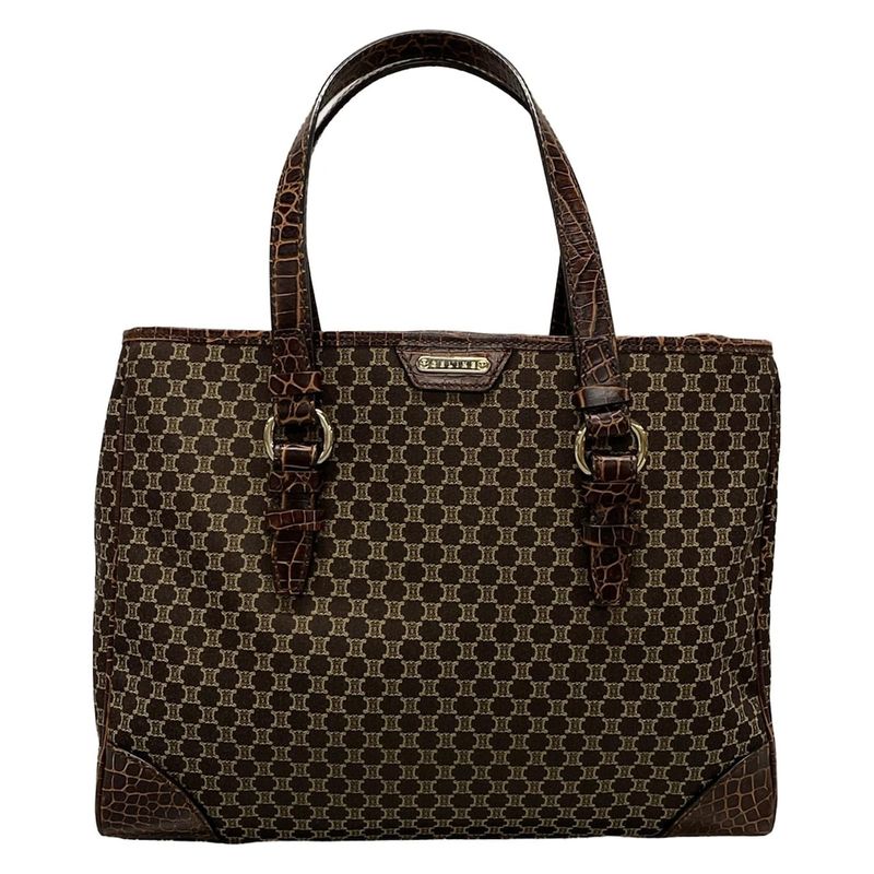 Celine Tote Bag Macadam Pattern Dark Brown And Beige Shape Stamped Leather
