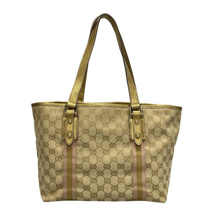Gucci Tote Bag GG Pattern 137396 Beige Gold And Pink Leather