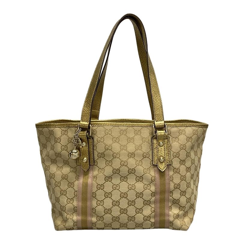 Gucci Tote Bag GG Pattern 137396 Beige Gold And Pink Leather