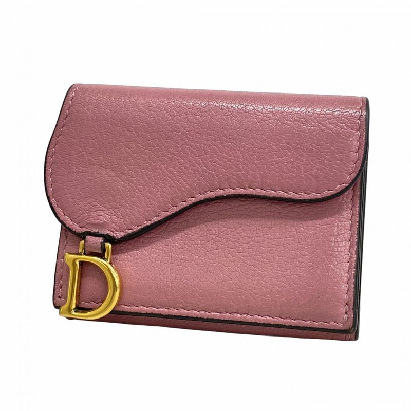 Christian Dior Trifold Wallet Saddle Leather Pink Gold Hardware Women
