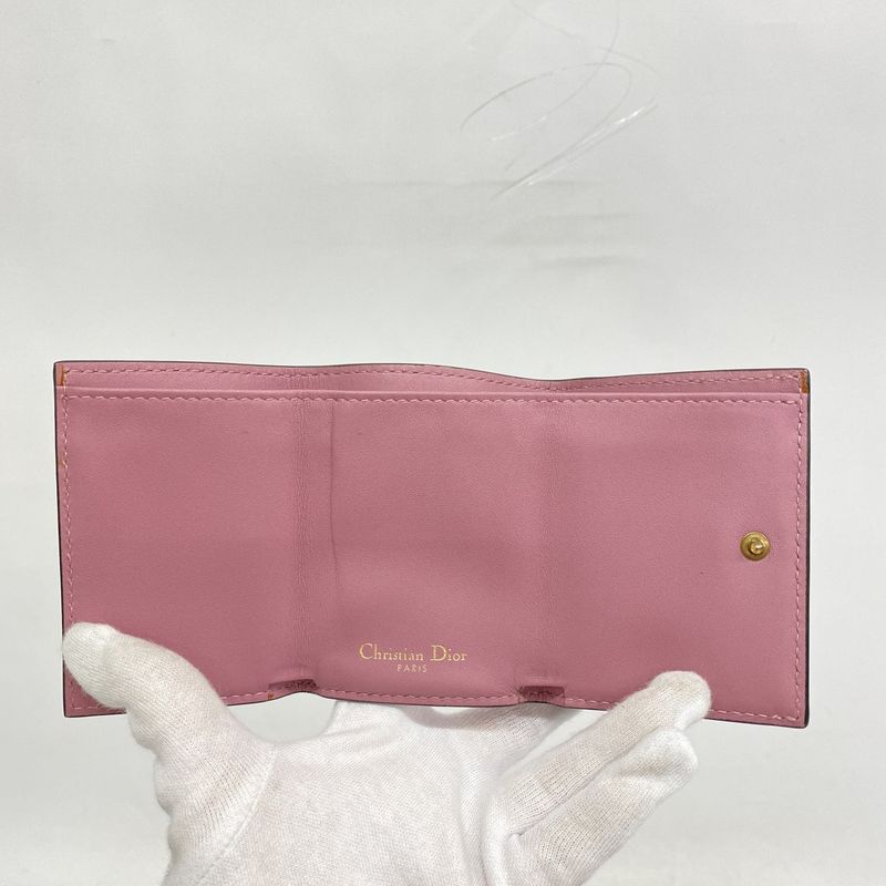Christian Dior Trifold Wallet Saddle Leather Pink Gold Hardware Women