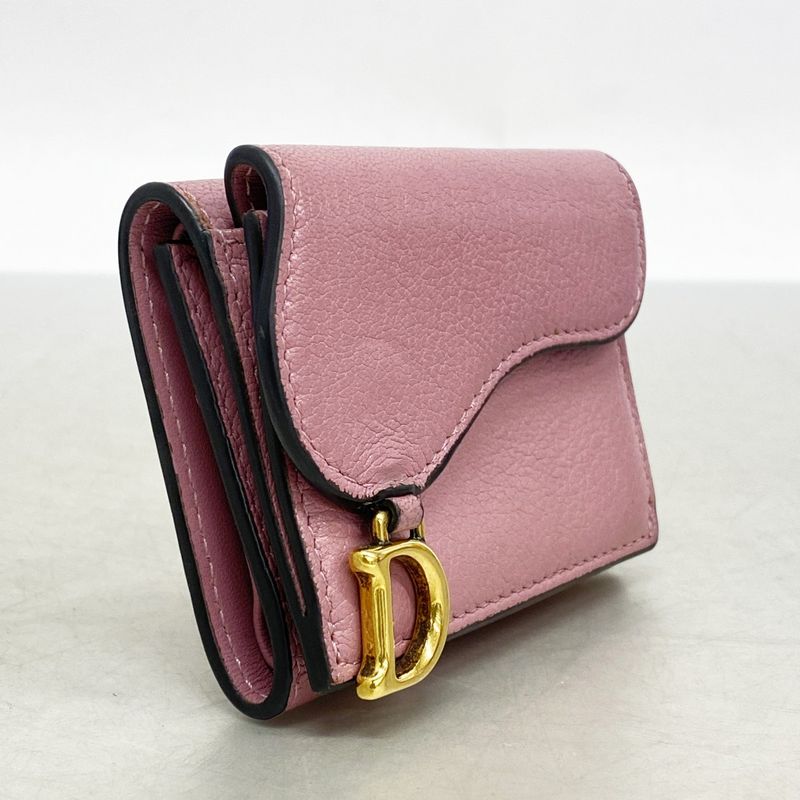 Christian Dior Trifold Wallet Saddle Leather Pink Gold Hardware Women