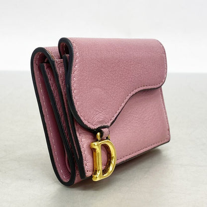 Christian Dior Trifold Wallet Saddle Leather Pink Gold Hardware Women
