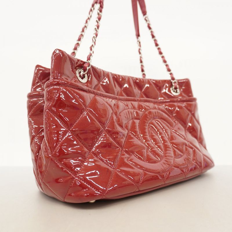 Chanel Shoulder Bag Matelasse Patent Leather Red Silver Hardware Women