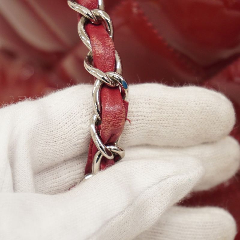 Chanel Shoulder Bag Matelasse Patent Leather Red Silver Hardware Women