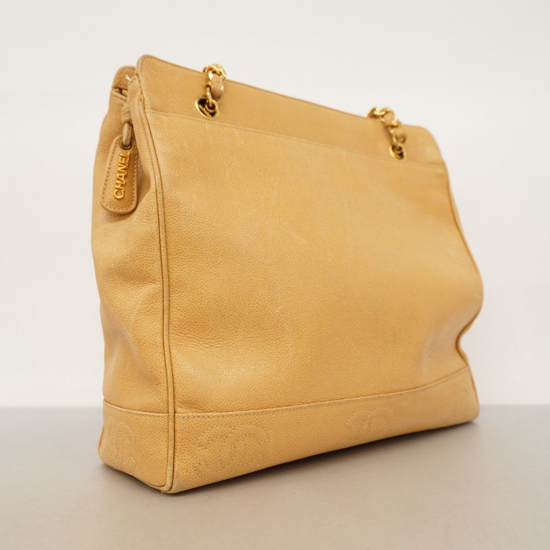 Chanel Shoulder Bag Triple Coco Caviar Skin Beige Gold Hardware Women