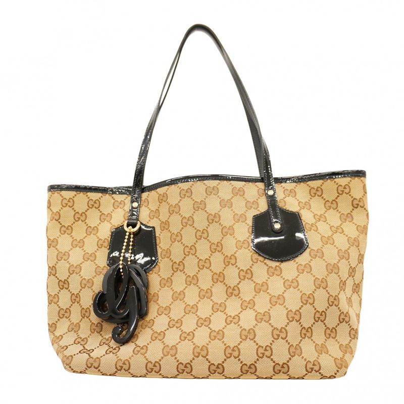 Gucci Tote Bag GG Canvas 211976 Canvas Beige Black Chien Pan Gold Hardware