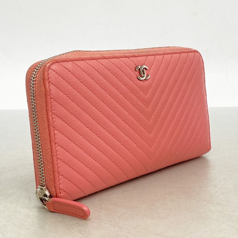 Chanel Long Wallet V-stitched Caviar Skin Pink Silver Hardware Women