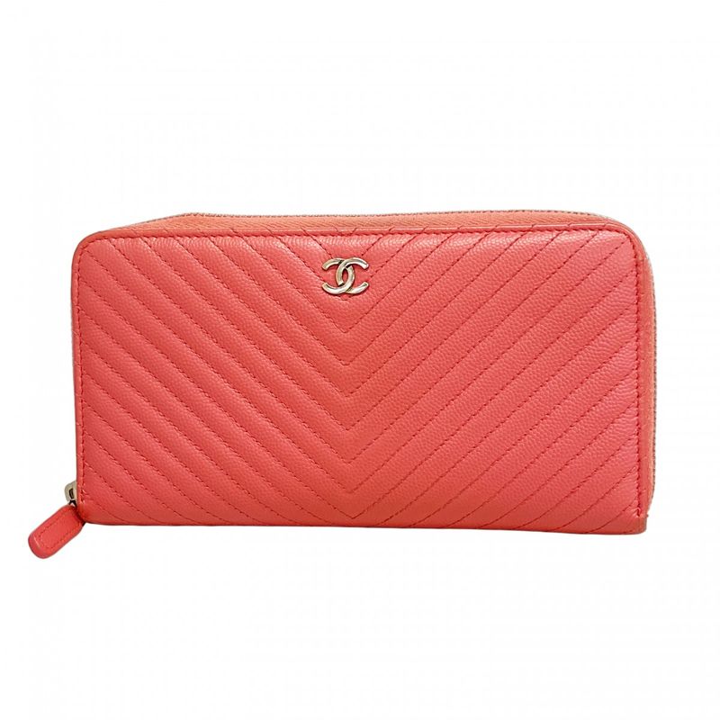 Chanel Long Wallet V-stitched Caviar Skin Pink Silver Hardware Women