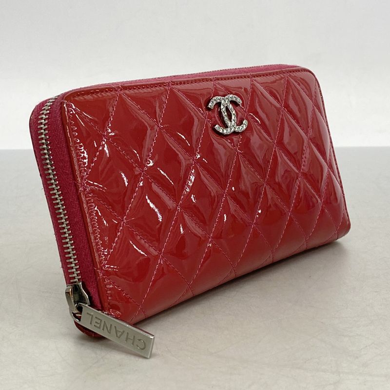 Chanel Long Wallet Brilliant Patent Leather Red Silver Hardware Women