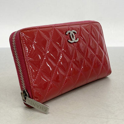 Chanel Long Wallet Brilliant Patent Leather Red Silver Hardware Women
