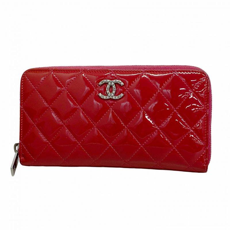 Chanel Long Wallet Brilliant Patent Leather Red Silver Hardware Women