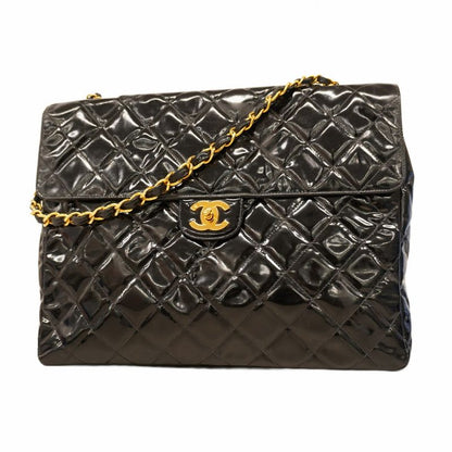 Chanel Shoulder Bag Deca Matelasse Patent Leather Black Gold Hardware Women