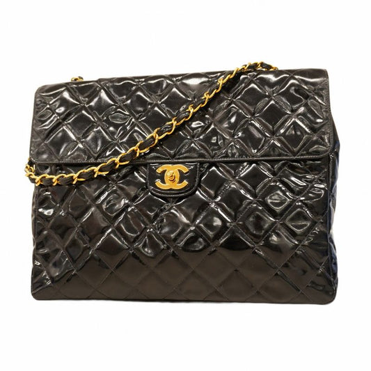 Chanel Shoulder Bag Deca Matelasse Patent Leather Black Gold Hardware Women