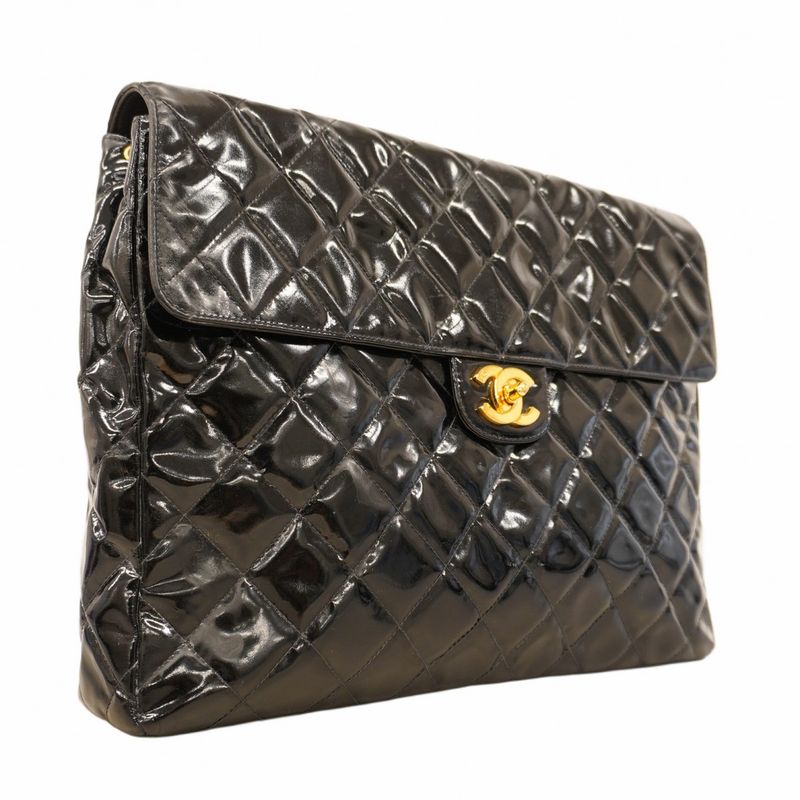 Chanel Shoulder Bag Deca Matelasse Patent Leather Black Gold Hardware Women
