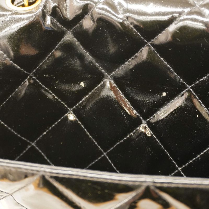 Chanel Shoulder Bag Deca Matelasse Patent Leather Black Gold Hardware Women