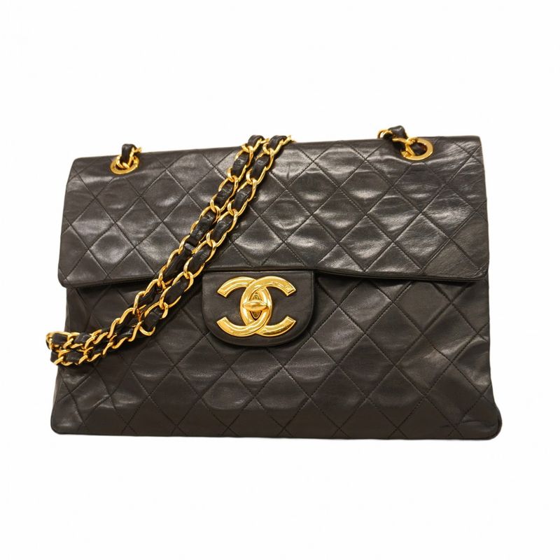 Chanel Shoulder Bag Deka Matelasse Lambskin Black Gold Hardware Women