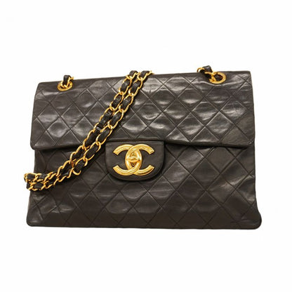 Chanel Shoulder Bag Deka Matelasse Lambskin Black Gold Hardware Women