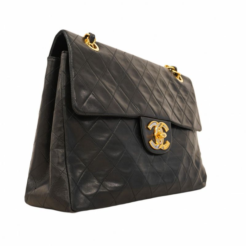 Chanel Shoulder Bag Deka Matelasse Lambskin Black Gold Hardware Women