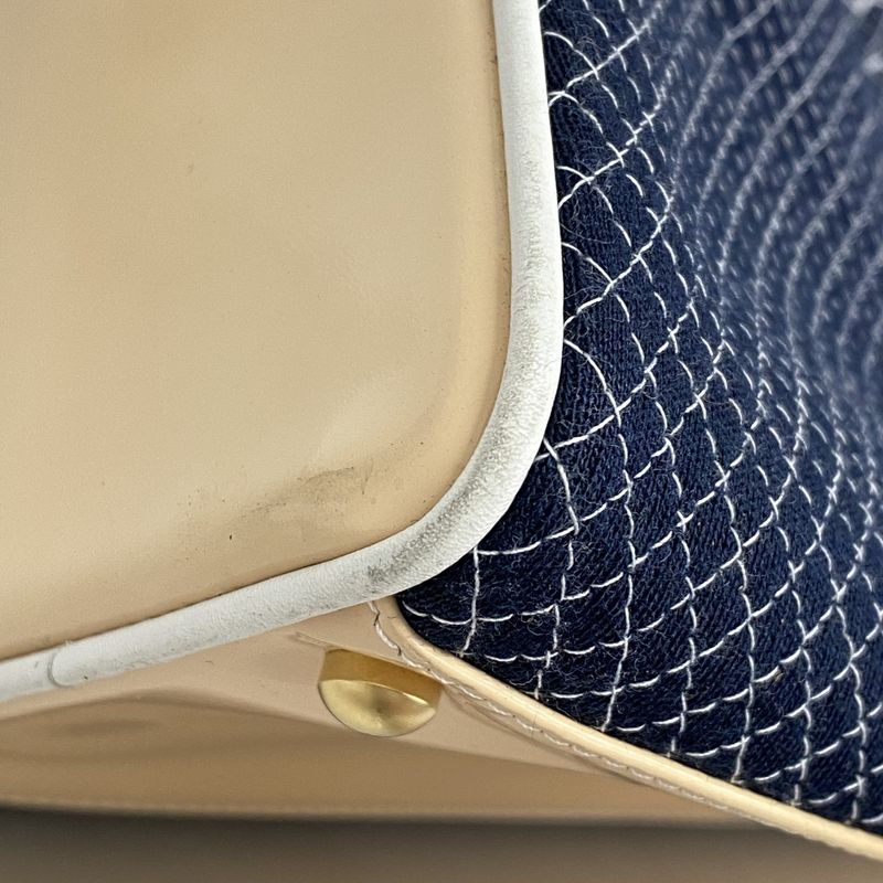 Chanel Handbag Canvas Patent Leather Navy Ivory Gold Hardware Women