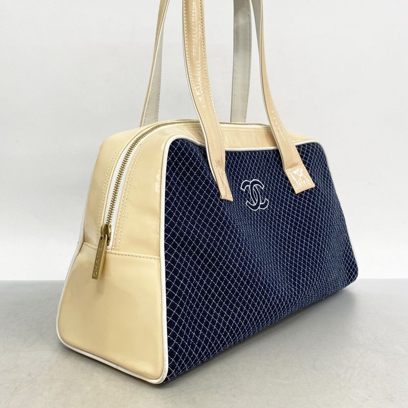 Chanel Handbag Canvas Patent Leather Navy Ivory Gold Hardware Women