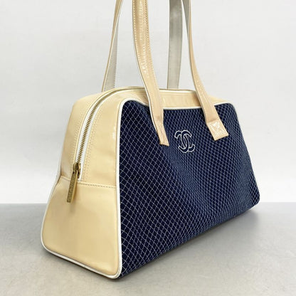Chanel Handbag Canvas Patent Leather Navy Ivory Gold Hardware Women