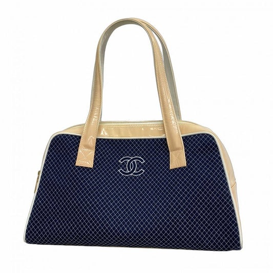 Chanel Handbag Canvas Patent Leather Navy Ivory Gold Hardware Women