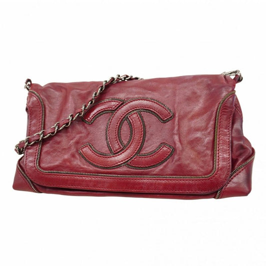 Chanel Shoulder Bag Leather Bordeaux Silver Hardware Women