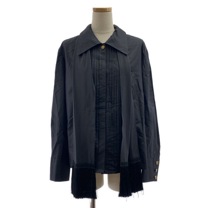 Christian DIOR | Silk CD Logo Button Fringe Tie Shirt | 13 | Black | Women
