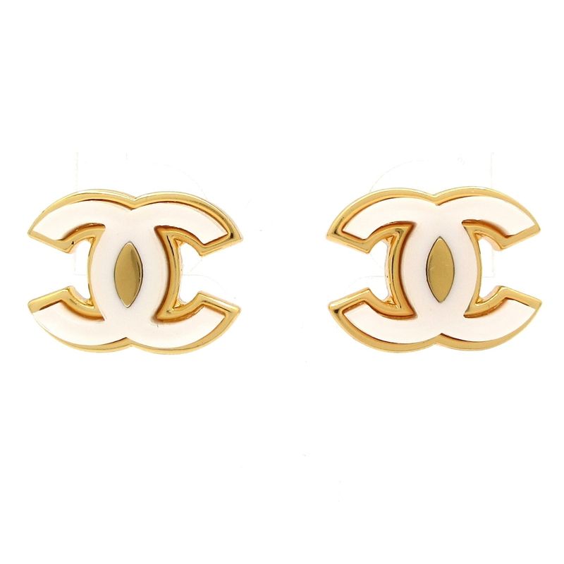 Chanel Earrings Coco Mark Gold And White