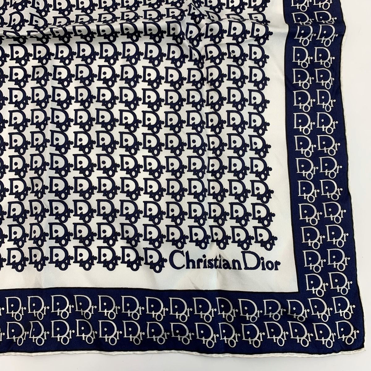 Christian Dior Scarf Trotter Navy X White 100% Silk
