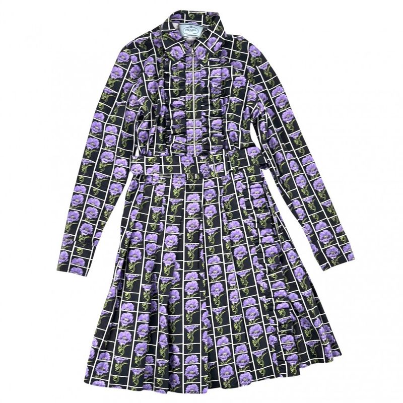Prada Dress Women's Flower Front Zip Pleated Dress Apparel Clothing Long Dress