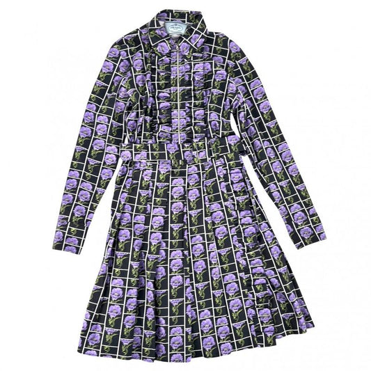 Prada Dress Women's Flower Front Zip Pleated Dress Apparel Clothing Long Dress