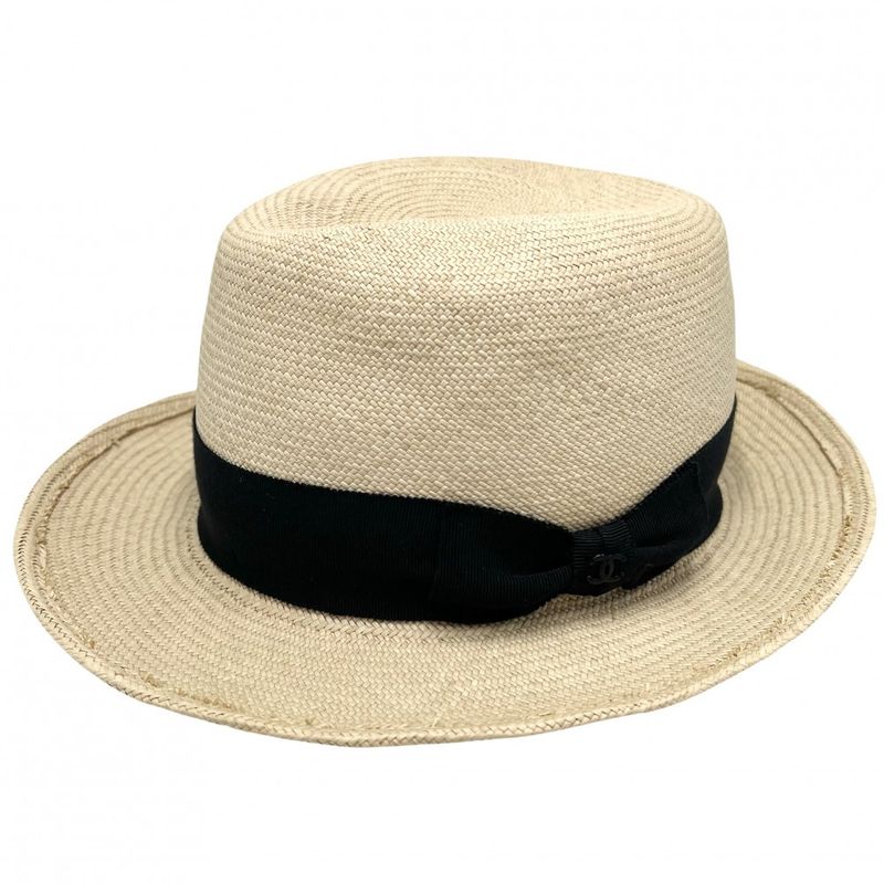 Chanel Hat Women's Coco Mark Fashion Item Hat Ribbon Chanel Straw Beige Black