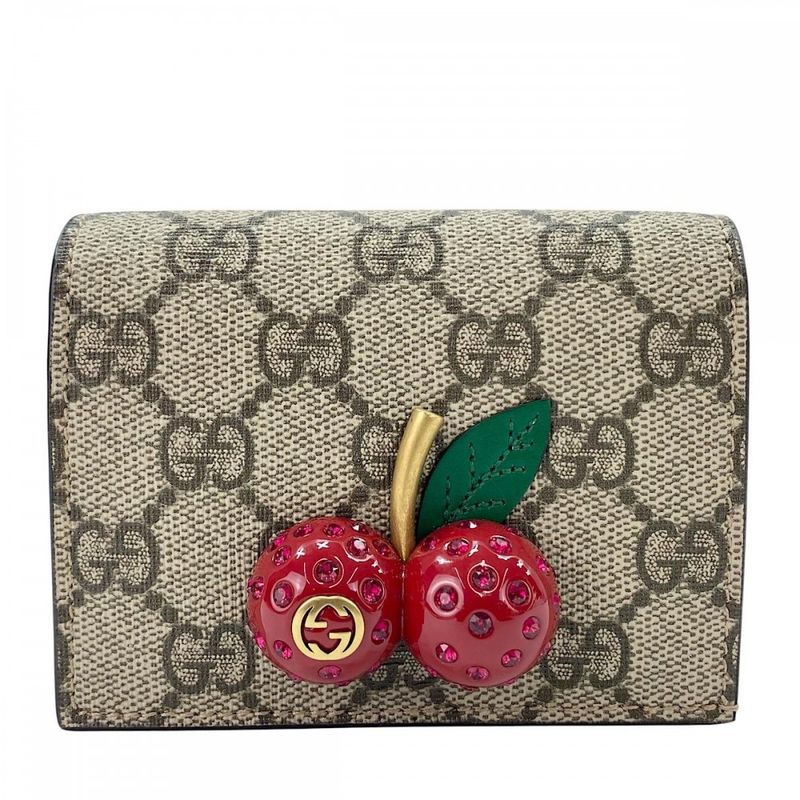 Gucci Bifold Wallet Women's Snap Button GG Supreme Cherry Gucci 476050 Brown