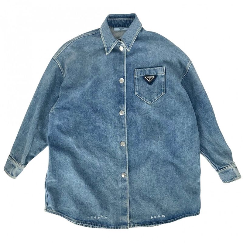 Prada Denim Jacket Women Triangle Logo Oversized Denim Shirt Tops Long Sleeve