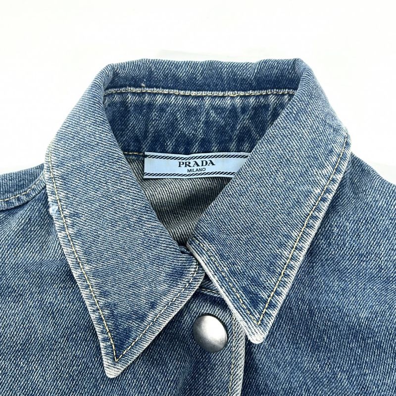 Prada Denim Jacket Women Triangle Logo Oversized Denim Shirt Tops Long Sleeve