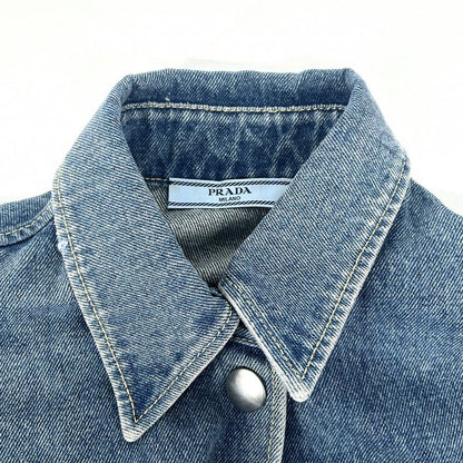 Prada Denim Jacket Women Triangle Logo Oversized Denim Shirt Tops Long Sleeve