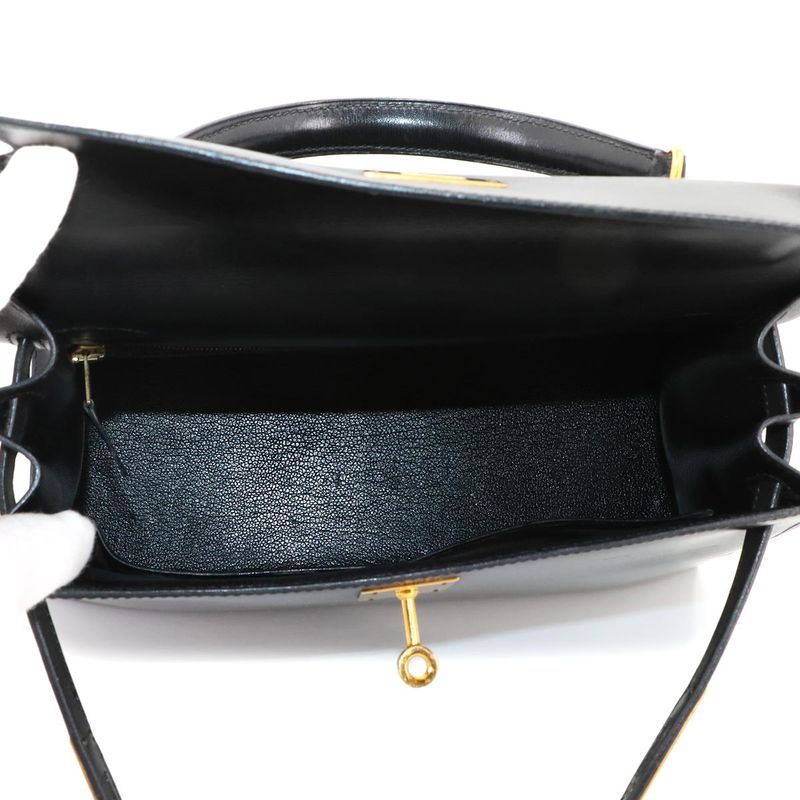 Hermes Kelly 28 Box Calf Black 2-way Hand Shoulder Bag Stamped 0Y 1995 Outer