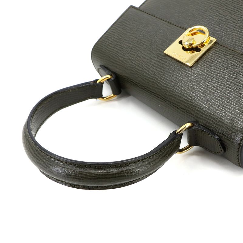 Celine Gancini 2way Hand Shoulder Bag Leather Khaki Gold Hardware Vintage